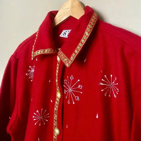 KEREN HART vintage Christmas snowman granny jacket wool blend size L faux Pearls - Picture 2 of 13